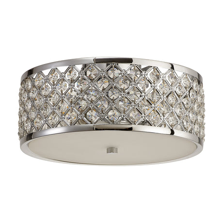 Sasha 2 Light E27 Flush Ceiling Light, 30cm round drum with crystal-beaded trim, opal glass diffuser and polished chrome frame, shown on a plain white background.