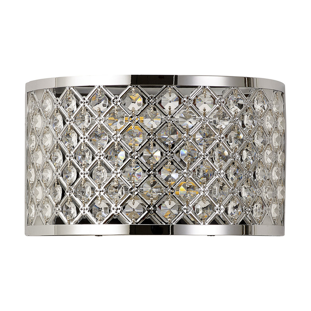 Sasha 2 Light E14 Wall Light in polished chrome, a compact curved fixture with a lattice of clear crystal beads, shown on a plain white background.