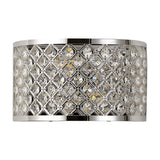Sasha 2 Light E14 Wall Light in polished chrome, a compact curved fixture with a lattice of clear crystal beads, shown on a plain white background.