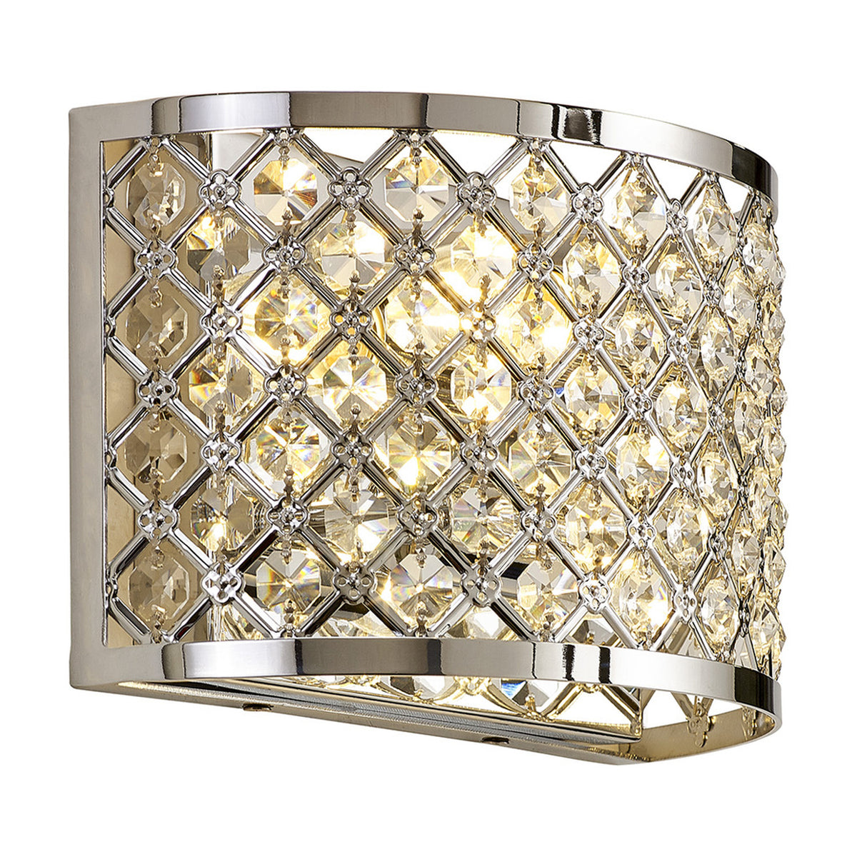 Sasha 2 Light E14 Wall Light in polished chrome, curved shade of lattice-patterned crystal beads lit from within, shown on a plain white background.