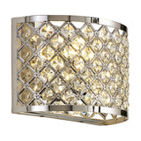 Sasha 2 Light E14 Wall Light in polished chrome, curved shade of lattice-patterned crystal beads lit from within, shown on a plain white background.