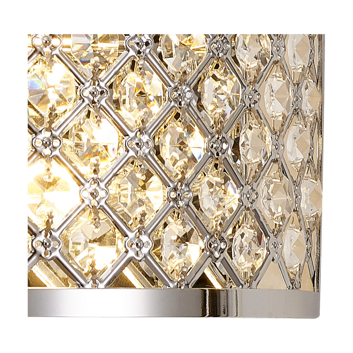Close-up of the Sasha 2 Light E14 Wall Light in polished chrome, showing a diamond-patterned crystal glass panel illuminated from within.