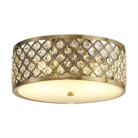 Sasha 2 Light E27 Flush Ceiling Light 30cm in antique brass, shown upright on a plain white background.