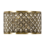 Sasha 2 Light E14 Wall Light in Antique Brass, a half-drum fitting with a lattice of clear faceted crystal beads over a brass frame, shown on a plain white background.