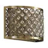 Sasha 2 Light E14 Wall Light in Antique Brass with a curved lattice frame and clear faceted crystal beads, shown on a plain white background.