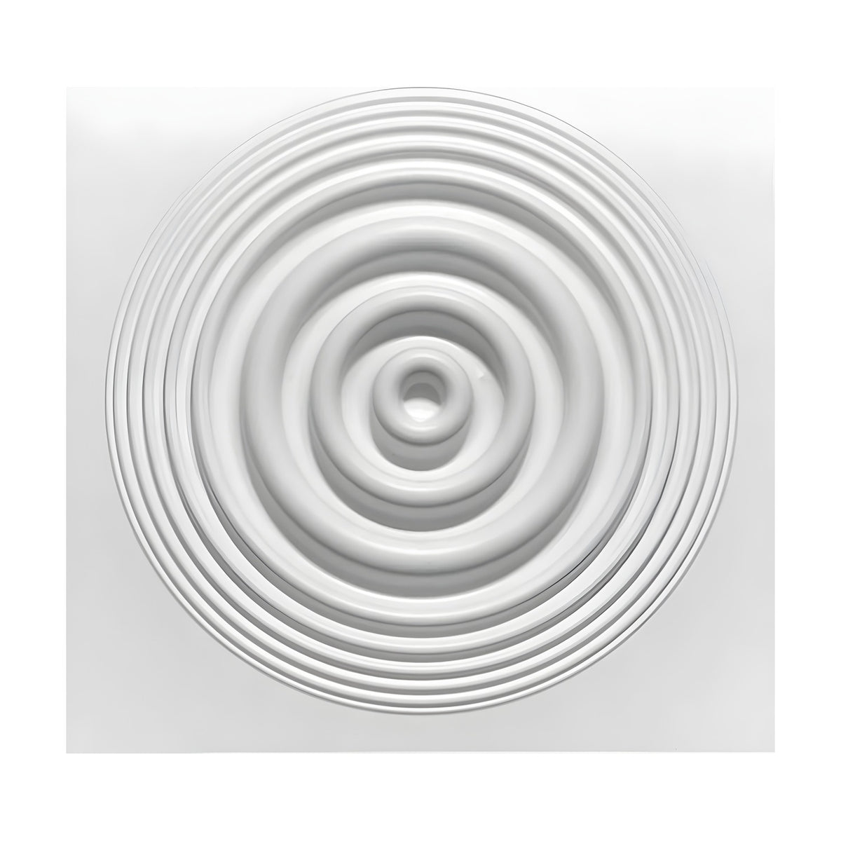 White 3D PVC wall panel, 50 x 50cm square, featuring concentric ripple rings radiating from a central dimple, set against a plain white background.