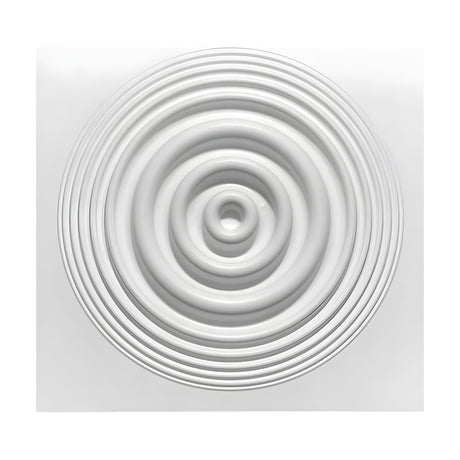 White 3D PVC wall panel, 50 x 50cm square, featuring concentric ripple rings radiating from a central dimple, set against a plain white background.