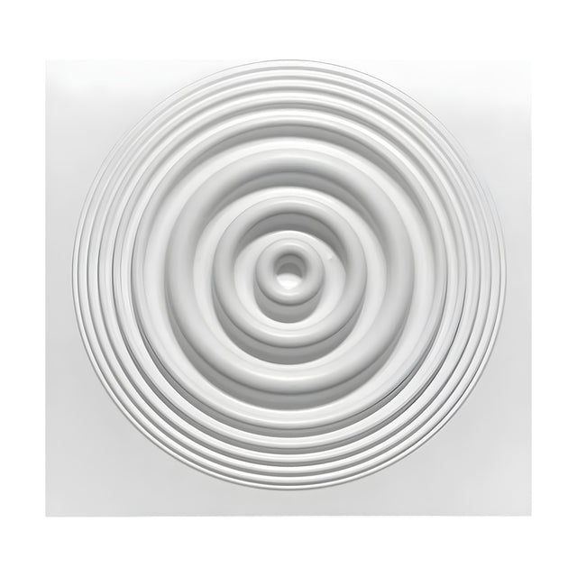 White 3D PVC wall panel, 50 x 50cm square, featuring concentric ripple rings radiating from a central dimple, set against a plain white background.