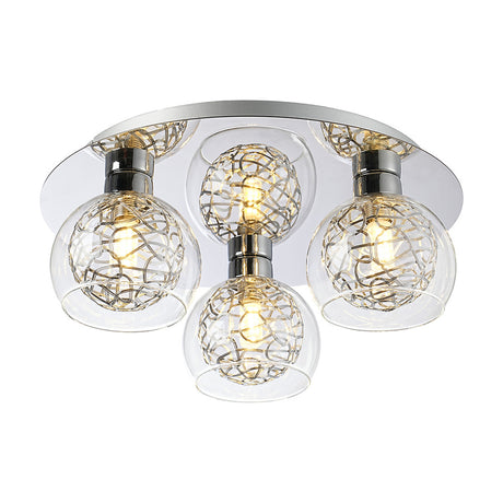 Talia 3 Light G9 Flush Ceiling Light 35cm in polished chrome, with a round ceiling plate and three clear glass shades holding silver mesh inner shades, shown on a plain white background.