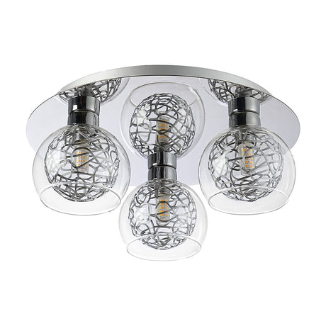 Talia 3 Light G9 Flush Ceiling Light in polished chrome, 35cm round plate with three clear glass globe shades over silver mesh inner shades, shown on a plain white background.