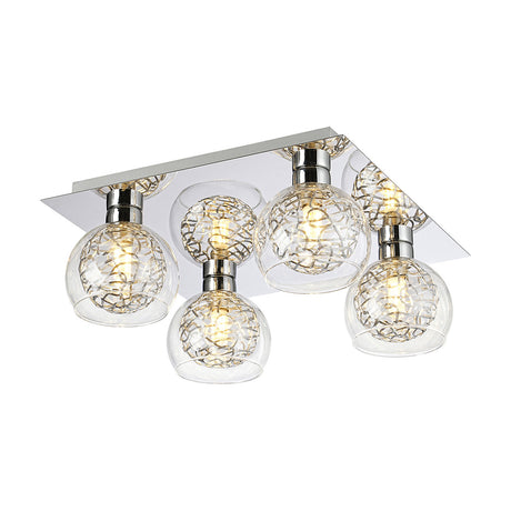 Talia 4 Light G9 flush ceiling light with clear glass globes and silver mesh inserts on a square polished chrome plate, shown on a plain white background.