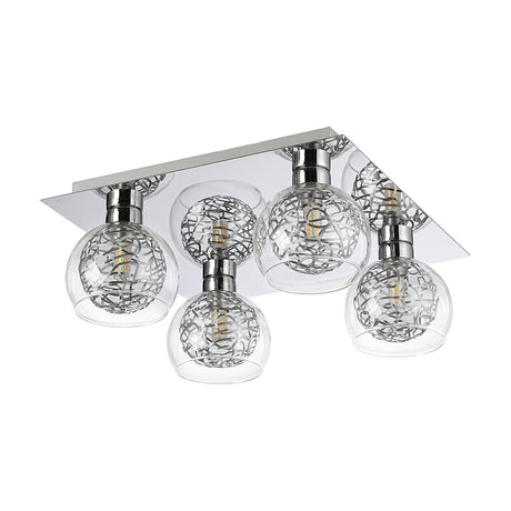 Talia 4 Light G9 flush ceiling light with square polished chrome plate, four clear glass shades and silver mesh inner shades, shown on a plain white background.
