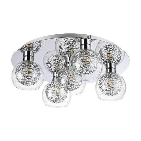 Talia 5 Light G9 Flush Ceiling Light in polished chrome, 45cm round plate with five clear glass shades encasing silver mesh inserts, shown on a plain white background.