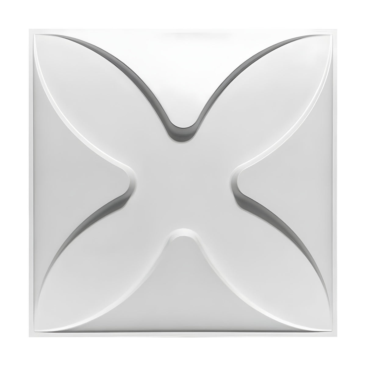 White PVC 3D wall panel, 50 x 50cm, featuring a sculpted four-petal cross design with diagonal leaf-shaped petals, shown against a plain white background.