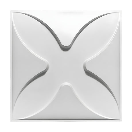 White PVC 3D wall panel, 50 x 50cm, featuring a sculpted four-petal cross design with diagonal leaf-shaped petals, shown against a plain white background.