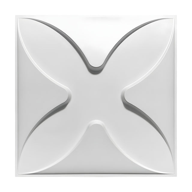 White PVC 3D wall panel, 50 x 50cm, featuring a sculpted four-petal cross design with diagonal leaf-shaped petals, shown against a plain white background.