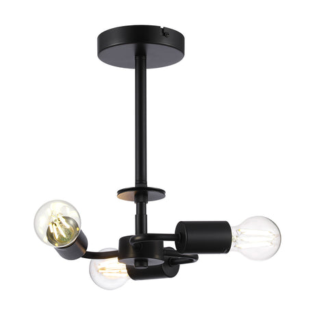 Baymont 3 Light E27 semi flush ceiling light in satin black iron with three angled arms and exposed globe bulbs, shown on a plain white background.