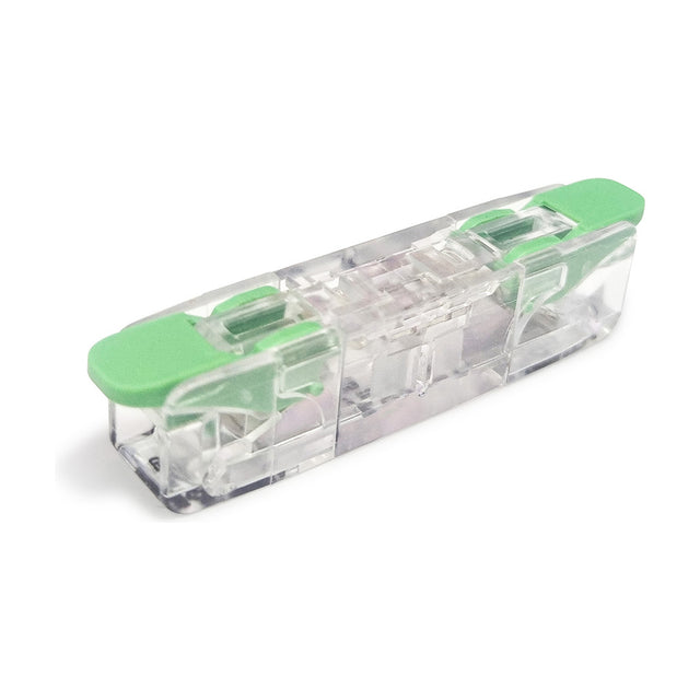 Additions Connector 8mm - Clear, an inline lighting connector with a clear polycarbonate body and green side clips, shown on a plain white background.