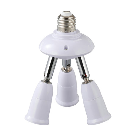 Additions E27 Plug Adaptor, white 3-way lampholder converter with adjustable chrome arms splitting one E27 fitting into three, shown on a plain white background.