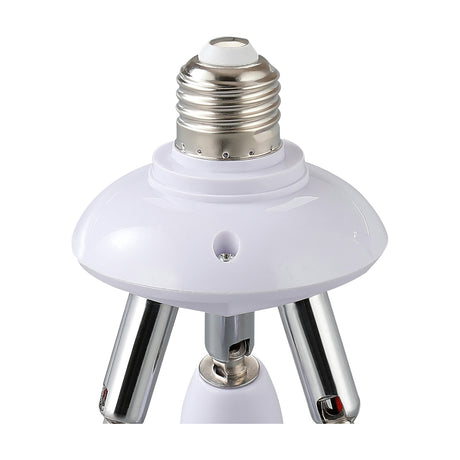 Additions E27 Plug Adaptor in white, close-up of chrome E27 screw fitting atop a white polycarbonate body with three adjustable metal arms, on a plain background.