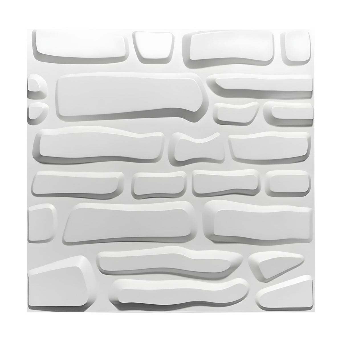 White PVC 3D wall panel, 50 x 50cm, featuring irregular rounded stone shapes in staggered horizontal rows with recessed gaps, shown on a plain background.