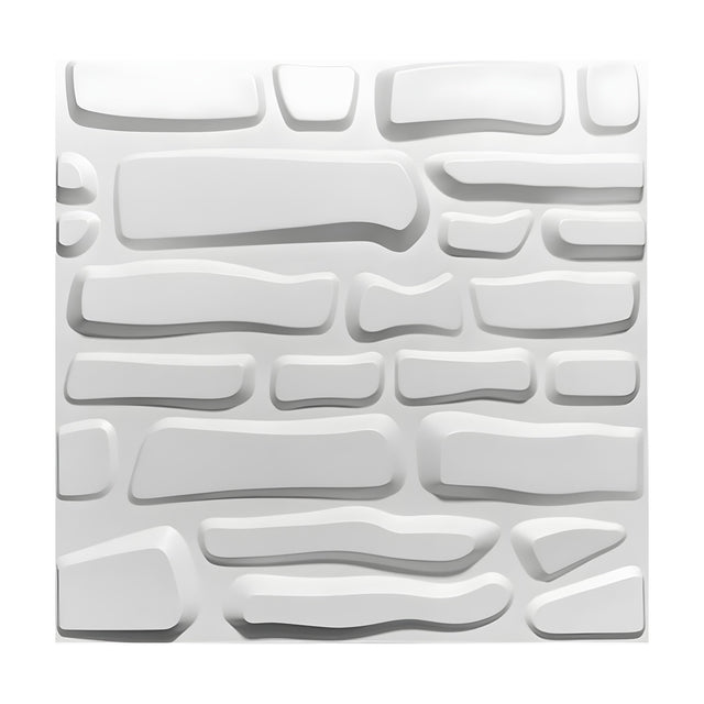 White PVC 3D wall panel, 50 x 50cm, featuring irregular rounded stone shapes in staggered horizontal rows with recessed gaps, shown on a plain background.