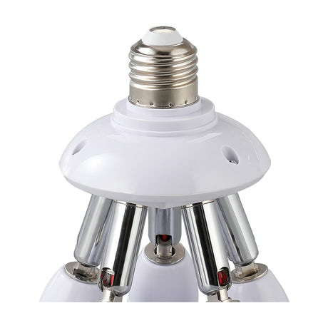Close-up of the Additions E27 Plug Adaptor in white, showing the chrome E27 fitting on top and multiple angled holder arms extending below, against a plain white background.