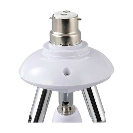 Close-up of the Additions B22 plug adaptor lampholder in white, showing the chrome bayonet fitting atop the white plastic body with tripod legs, on a plain background.