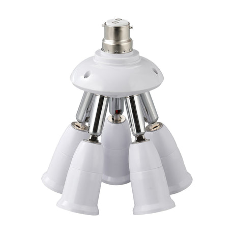 Additions B22 to 5-way E27 plug adaptor in white, with a chrome bayonet fitting and five swivelling, tiltable arms ending in white screw lampholders, shown on a plain background.