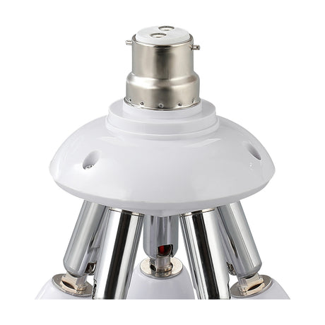 Additions B22 Plug Adaptor in white, close-up of the bayonet fitting above five chrome E27 arms with white holders, shown on a plain background.