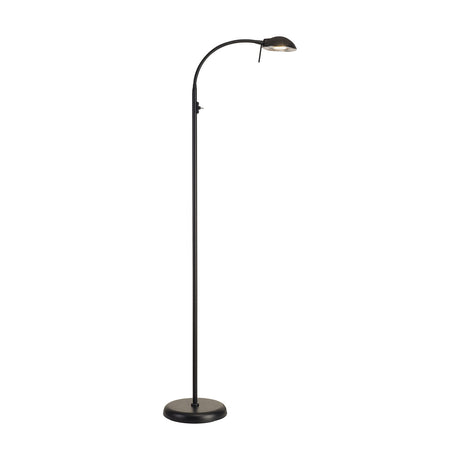 G9 Floor Lamp in satin black with a slim upright pole, curved gooseneck arm, single light head, toggle switch, and round weighted base on a plain white background.