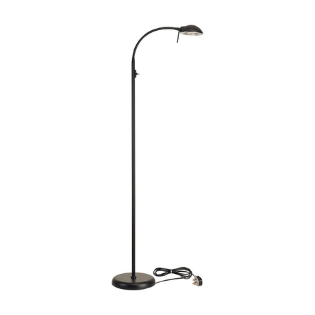 Satin black G9 floor lamp with slim iron stem, curved neck, round dome shade, toggle switch, and weighted round base with cord, shown on a plain white background.