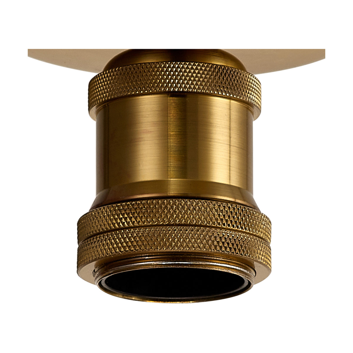 Dreifa E27 Ceiling Light 10cm in gilt bronze, close-up of the cylindrical fitting with knurled bands and black E27 lampholder against a plain background.