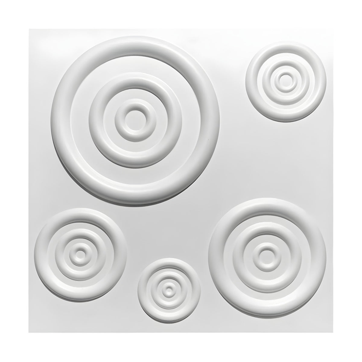 White 3D PVC wall panel, 50 x 50cm, featuring five scattered groups of raised concentric rings in varying sizes against a plain white background.