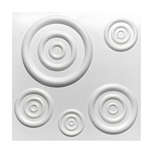 White 3D PVC wall panel, 50 x 50cm, featuring five scattered groups of raised concentric rings in varying sizes against a plain white background.