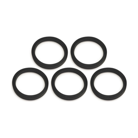 Pack of 5 black rubber washers, 42mm wide and 5mm high, each with a plain matt finish and central hole, arranged on a white background.