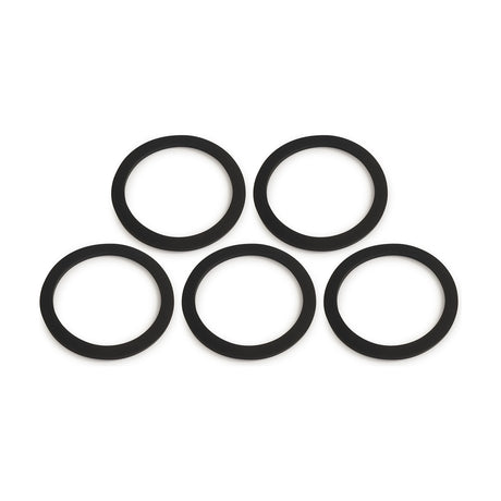 Five flat black rubber washers, 42mm wide and 2mm high, arranged in two rows on a plain white background.