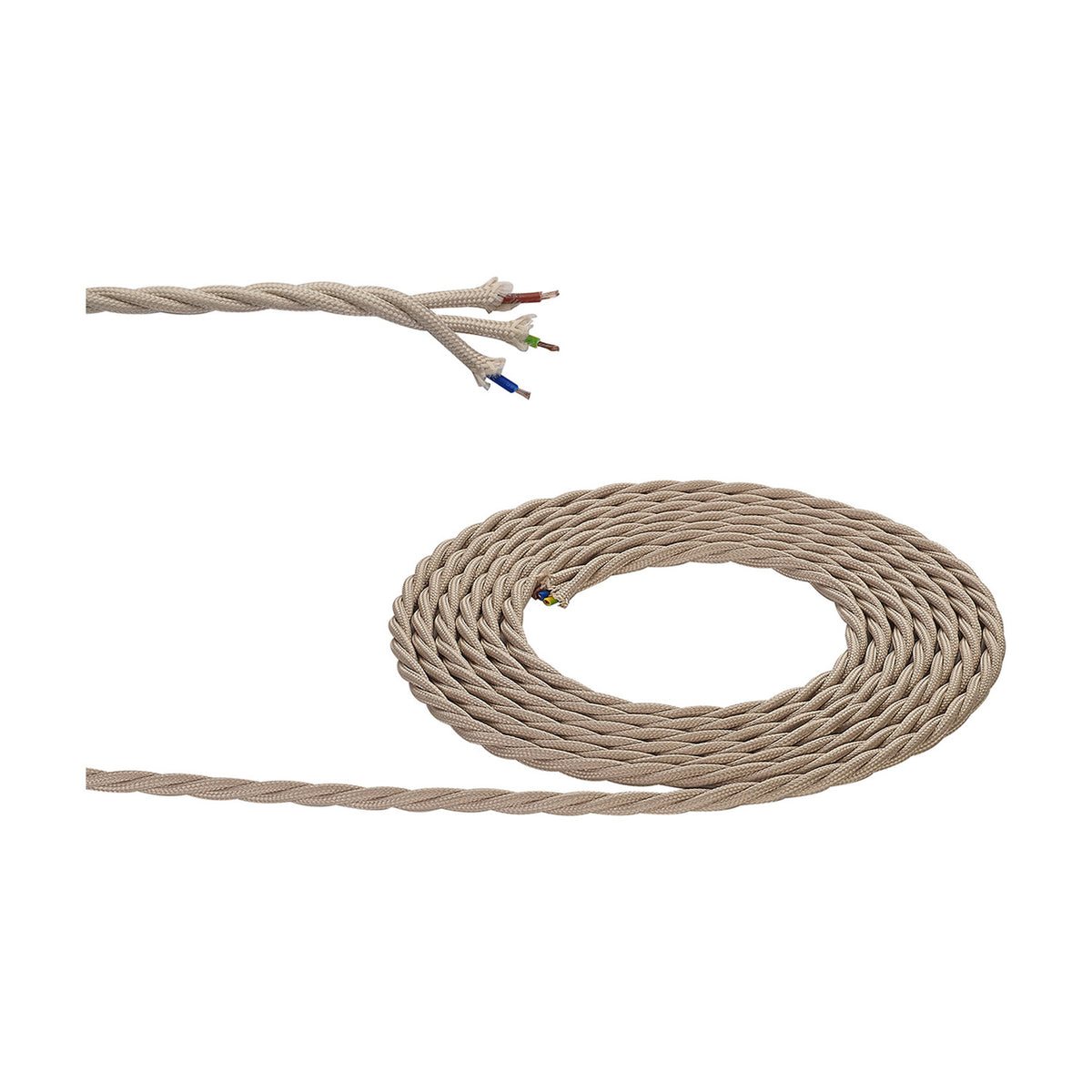 Cavo Braided Twisted Copper Cable in ivory, coiled on a white background with one end stripped to show three colour-coded 0.75mm cores.
