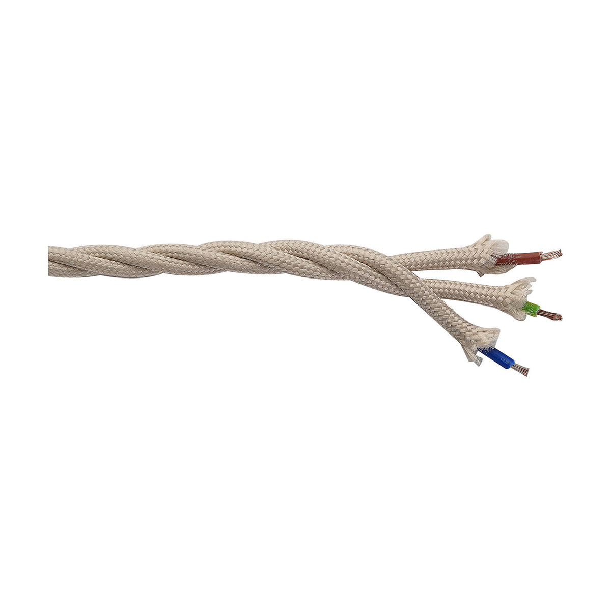 Cavo braided twisted 3-core lighting cable in ivory fabric, 0.75mm copper conductors exposed at one end in brown, green/yellow and blue, shown on a white background.