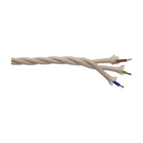 Cavo braided twisted 3-core lighting cable in ivory fabric, 0.75mm copper conductors exposed at one end in brown, green/yellow and blue, shown on a white background.