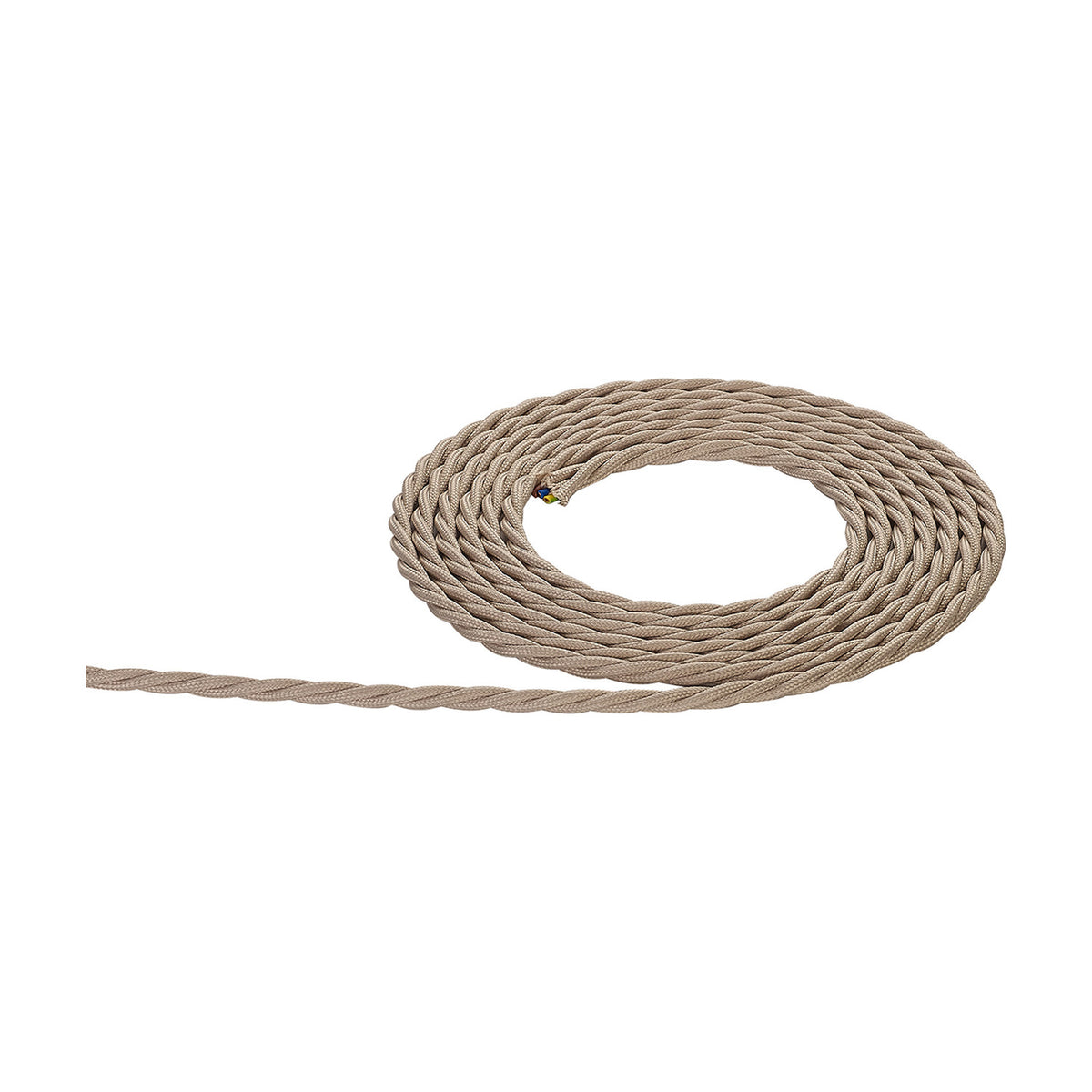 Cavo Braided Twisted Copper Cable, ivory fabric-covered 3-core flex coiled loosely with exposed copper conductor end, shown on a plain white background.