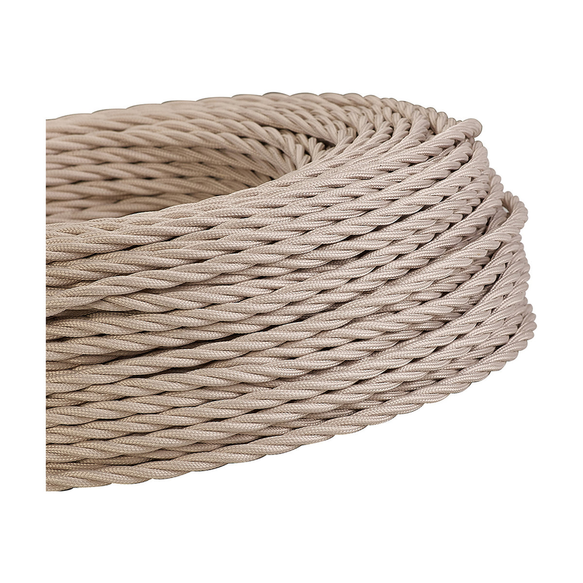 Coiled Cavo Braided Twisted Copper Cable, 3 core 0.75mm fabric-braided flex in ivory, shown as a tightly wound roll on a plain white background.