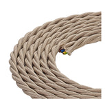 Cavo Braided Twisted Copper Cable, 3 core 0.75mm ivory fabric flex coiled to show its twisted texture, with the exposed end revealing coloured copper conductors, on a plain white background.