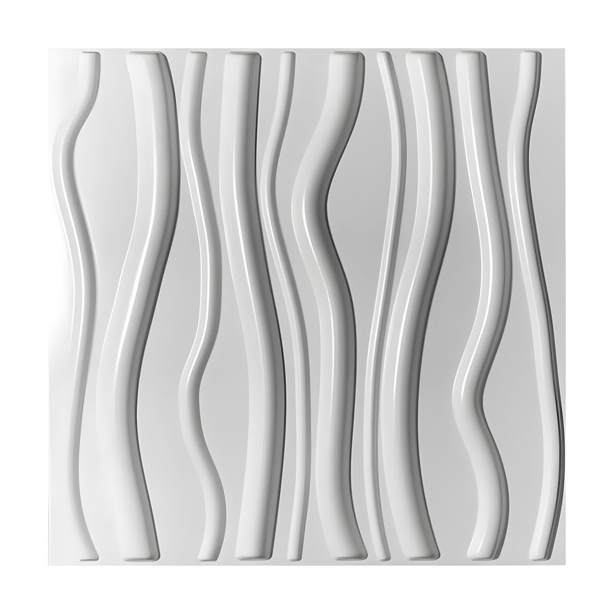 White square 3D PVC wall panel, 50 x 50cm, with irregular wavy vertical ribs in raised relief, shown against a plain light background.