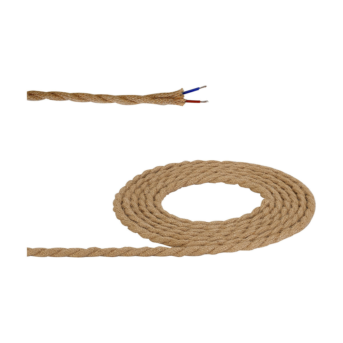 Cavo braided twisted 2 core copper flex cable in jute brown fabric, shown coiled and with stripped ends exposing blue and red wires, on a plain white background.