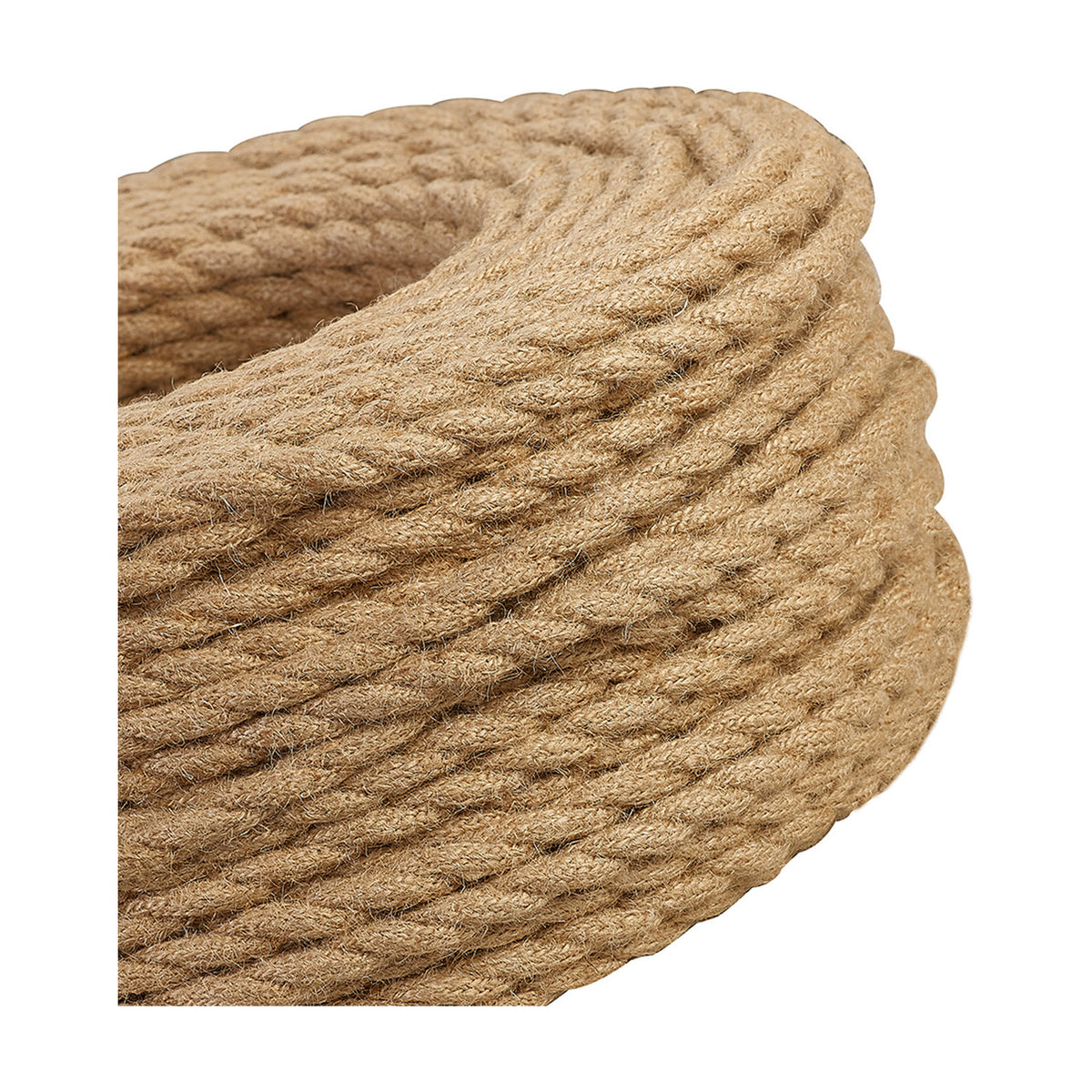 Close-up of Cavo braided twisted copper cable, a 2 core 0.75mm lighting flex coiled in jute brown fabric braid, shown on a plain white background.