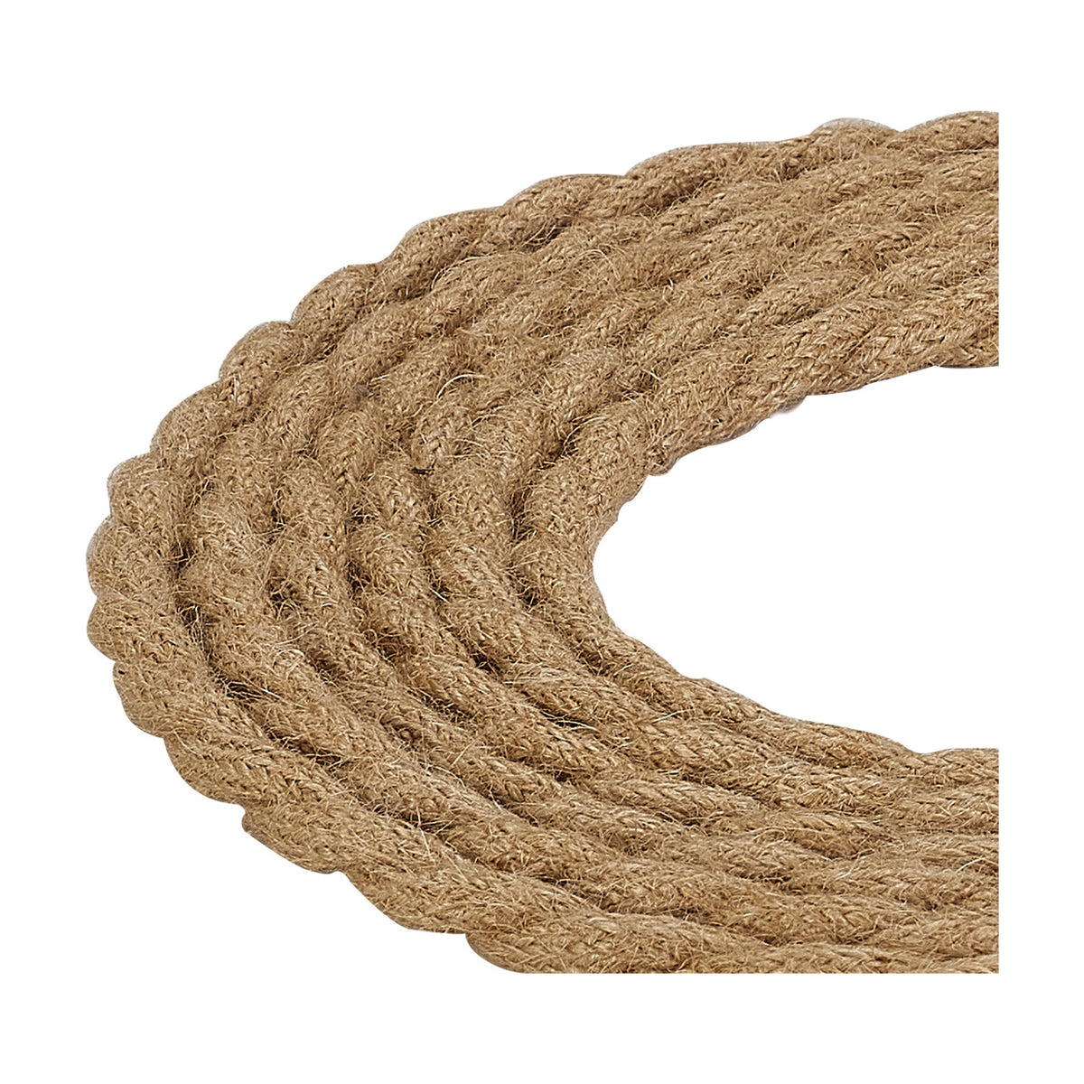Close-up of Cavo braided twisted copper cable, a 2 core 0.75mm lighting flex in jute brown fabric braid with a rope-like textured finish, coiled on a plain white background.