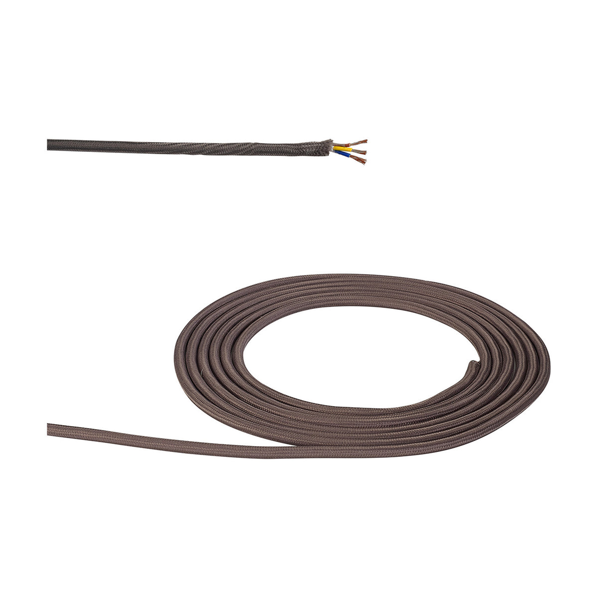 Cavo grey braided copper flex cable with 3 cores, 0.75mm, showing a cut end with exposed brown, blue and yellow wires and a coiled loop on a white background.