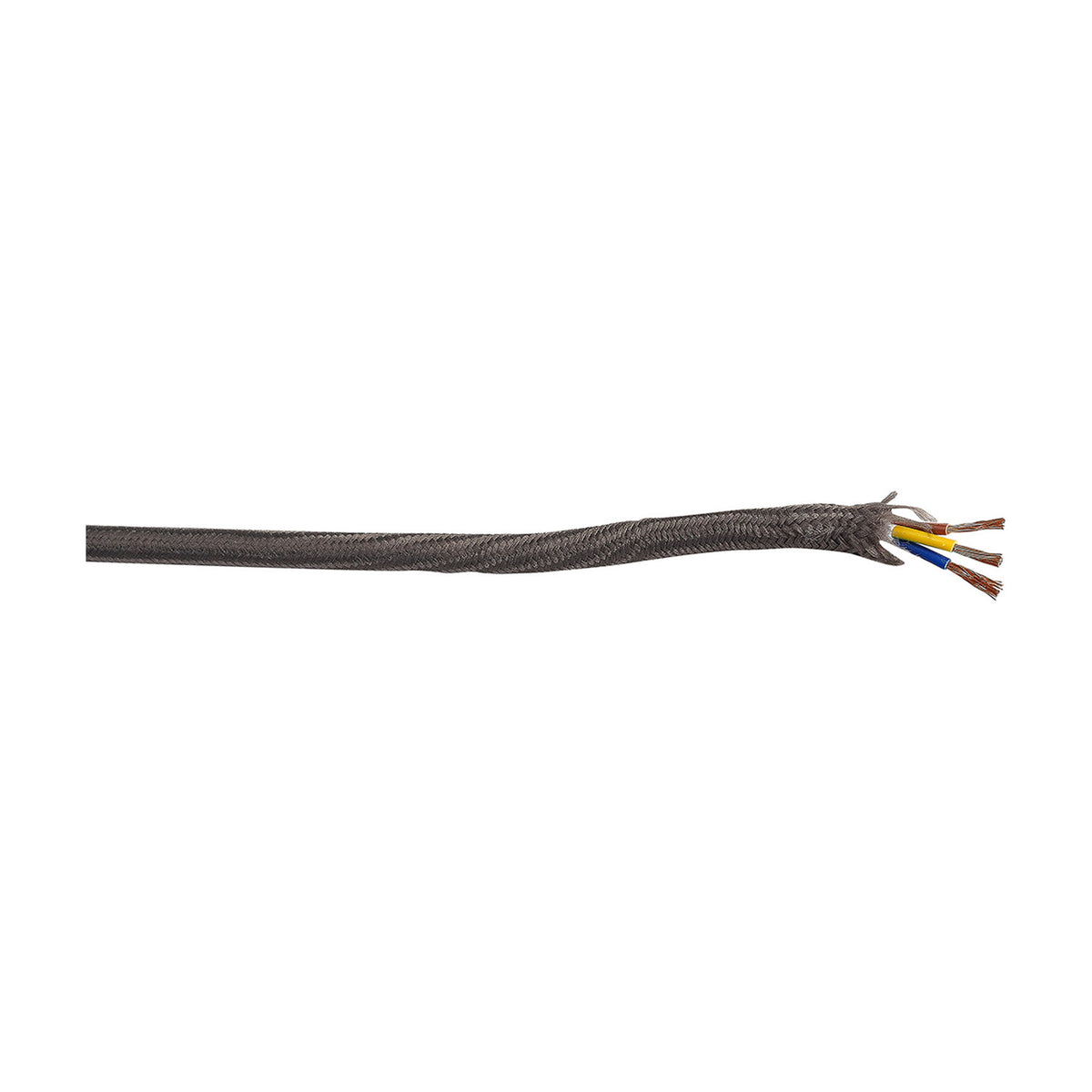 Grey braided fabric flex cable with exposed 3-core copper wires (brown, blue, yellow) at one end, shown on a plain white background.