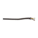 Grey braided fabric flex cable with exposed 3-core copper wires (brown, blue, yellow) at one end, shown on a plain white background.